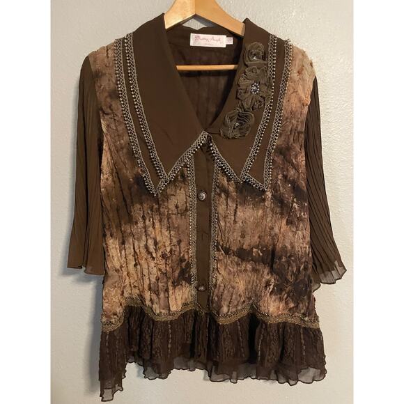Pretty Angel Blouse Womens Small Brown Silk Blend Embellished Ruffle Lace FLAW - Picture 1 of 8
